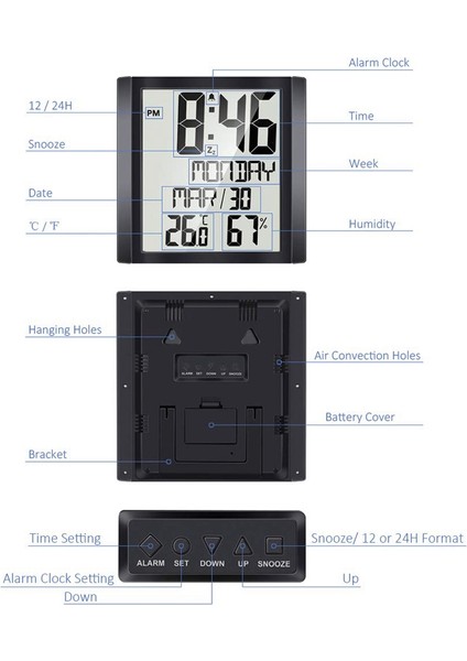 Sıcaklık ve Nem Göstergeli Dijital Duvar Saati 8,6 Inç Geniş Ekran (Yurt Dışından)