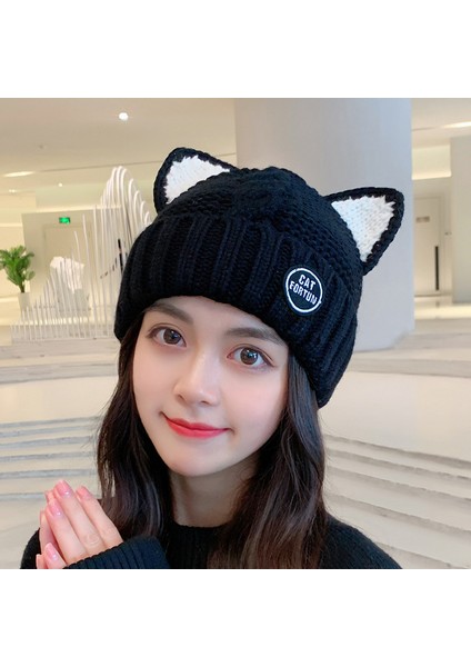 Kadın Yünlü Şapka, Sıcak Tutmak Için Kadife Kışlık Örme Şapka, Kadın Doğum Şapkası, Sonbahar ve Kışlık Kazak Kulak Koruyucu Pamuklu Şapka, Yuvarlak Etiketli Kedi Kulakları; Siyah. (Yurt Dışından)