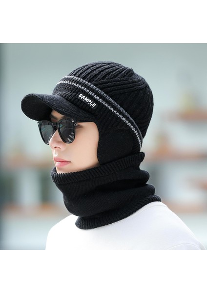 Şapka Erkek Kış Sıcak Moda Yün Şapka Büyük Kafa Boyutu Erkek Örgü Şapka Erkek Kış Erkek Kış Soğuk Şapka Pamuklu Şapka Karamel Renk Seti (Şapka + Eşarp) (Yurt Dışından)
