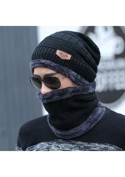 Kış Yünlü Erkek Şapkası Artı Kadife Kalınlaşmış Örme Şapka Sonbahar ve Kışlık Kazak Sıcak Pamuklu Şapka Siyah (Yurt Dışından)