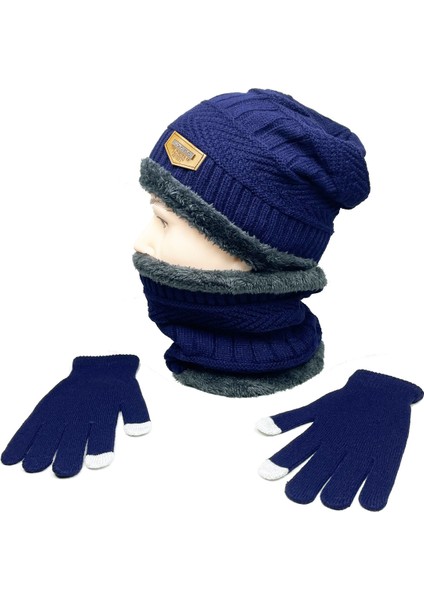Erkekler ve Kadınlar Sonbahar ve Kış Şapka Sıcak Eşarp Dokunmatik Ekran Eldiveni Seti Sıcak Boyun Kalın Örme Şapka Seti Lacivert Şapka + Eşarp + Dokunmatik Ekran Eldiveni Bir Boyut (Yurt Dışından)