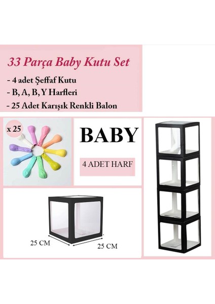 33 Parça Baby Yazılı Şeffaf Siyah Kutu ve Balon Seti fiyatları