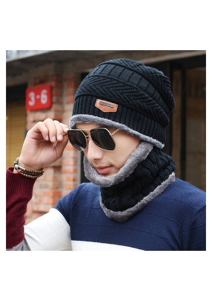 Şapka Erkek Kış Yünlü Şapka Rüzgar Geçirmez ve Soğuk Kore Tarzı Moda Örme Kazak Şapka Artı Sıcak Kış Şapkası Tutmak Için Kadife Gençlik Pamuklu Şapka Üçgen Işareti Siyah Şapka + Eş (Yurt Dışından)