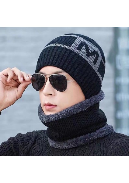 Şapka Erkek Kış Kalınlaşmış Sıcak Örme Yün Şapka Sonbahar ve Kış Kore Tarzı Moda Artı Kadife Soğuğa Dayanıklı Erkek Pamuklu Şapka M Etiketi [siyah Iki Parçalı Set] (Yurt Dışından)