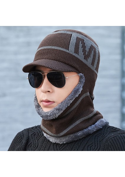 2023 Kış Yeni Erkek Şapkası Rüzgar Geçirmez Artı Kadife Kazak Şapka Sıcak Pamuklu Şapka Boyun Koruması Entegre Örme Yün Şapka Kahverengi (Yurt Dışından)