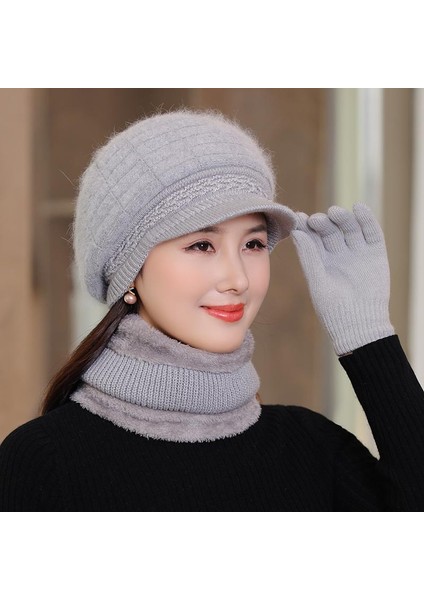 Kış Şapka Kadın Yün Örme Sıcak Şapka Artı Kadife Kalınlaşmış Sonbahar ve Kış Pamuk Şapka Gri Tek Boyut [şapka + Eşarp] (Yurt Dışından)