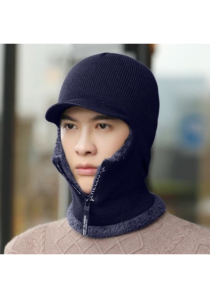 Şapka Erkek Kış Kadife Sıcak Yün Şapka Rüzgar Geçirmez Örme Kazak Şapka Erkek Kulak Koruyucu Boyun Atkı Tek Parça Şapka Pamuklu Şapka Fermuarı - Lacivert 52-60 Baş Çevresi Için Uyg (Yurt Dışından)