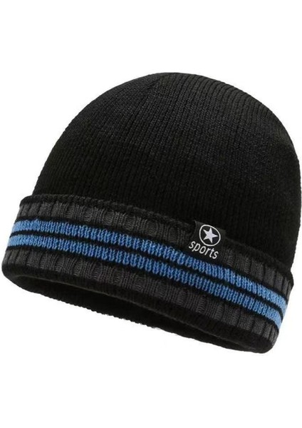 Kış Yeni Ürün Artı Kadife Kalınlaşmış Sıcak Yün Şapka Yeni Çizgili Örme Şapka Soğuğa Dayanıklı Boyun Koruması Pamuklu Şapka Mavi (Yurt Dışından)