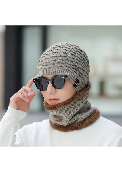 Şapka Erkek Kış Sıcak Örme Artı Polar Yün Şapka Kore Tarzı Moda Anti-Soğuk Şapka Sonbahar ve Kış Erkek Pamuklu Şapka Haki Şapka + Eşarp (Yurt Dışından)