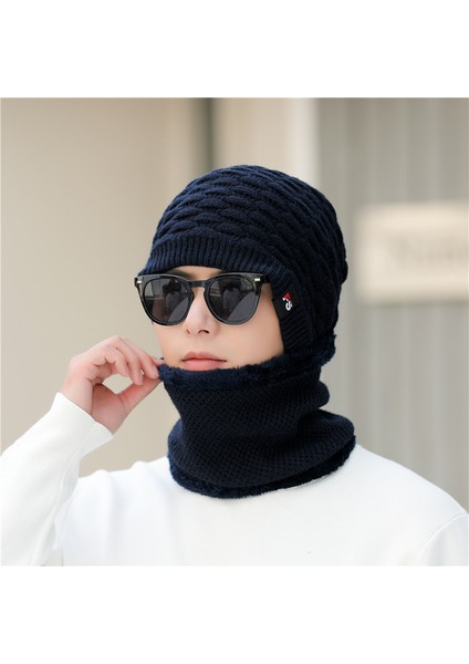 Şapka Erkek Kış Sıcak Örme Artı Polar Yün Şapka Kore Tarzı Moda Anti-Soğuk Şapka Sonbahar ve Kış Erkek Pamuklu Şapka Haki Şapka + Eşarp (Yurt Dışından)