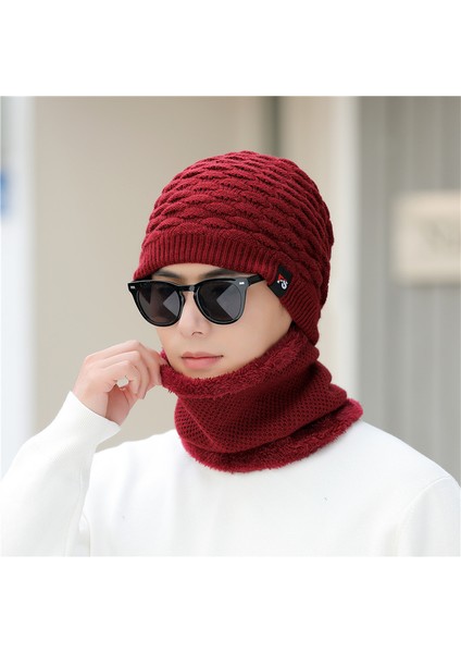 Şapka Erkek Kış Sıcak Örme Artı Polar Yün Şapka Kore Tarzı Moda Anti-Soğuk Şapka Sonbahar ve Kış Erkek Pamuklu Şapka Haki Şapka + Eşarp (Yurt Dışından)