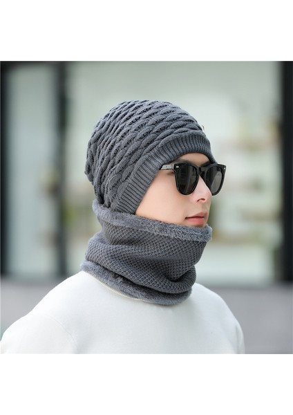 Şapka Erkek Kış Sıcak Örme Artı Polar Yün Şapka Kore Tarzı Moda Anti-Soğuk Şapka Sonbahar ve Kış Erkek Pamuklu Şapka Haki Şapka + Eşarp (Yurt Dışından)