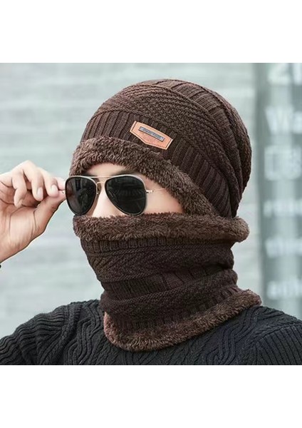 Şapka Erkek Kış Kadife Kalınlaşmış Örme Şapka Sonbahar ve Kış Seti Baotou Pamuklu Şapka Sıcak ve Modaya Uygun Kore Versiyonu Haki (Yurt Dışından)