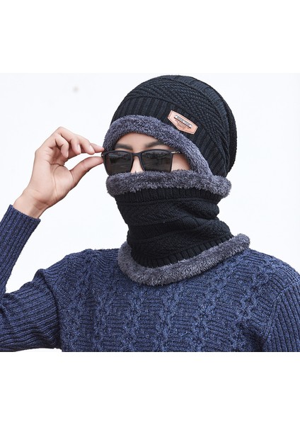 Erkek Kış Şapkası Kore Tarzı Moda Yün Şapka Artı Kadife Kalınlaşmış Sıcak Örme Soğuk Geçirmez Pamuklu Şapka Gençlik Açık Hava Siyah Tek Beden Herkese Uyar (Yurt Dışından)