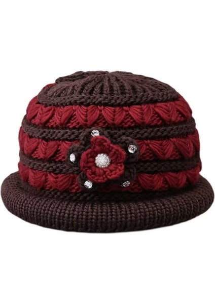 Şapka Kadın Kış Sıcak Şapka Artı Kadife Kalınlaşmış Örme Şapka Pamuk Şapka Bordo Inci Çiçek Bir Boyut (55-60 Cm) (Yurt Dışından)