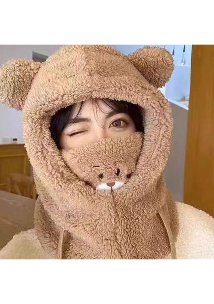 Ayı Şapka Kadın Sonbahar ve Kış Maskesi Eşarp Tek Parça Kalınlaşmış Peluş Boyun Eşarbı Kulak Koruyucu Sevimli Sıcak Pamuklu Şapka Haki Tek Boyut (Yurt Dışından)