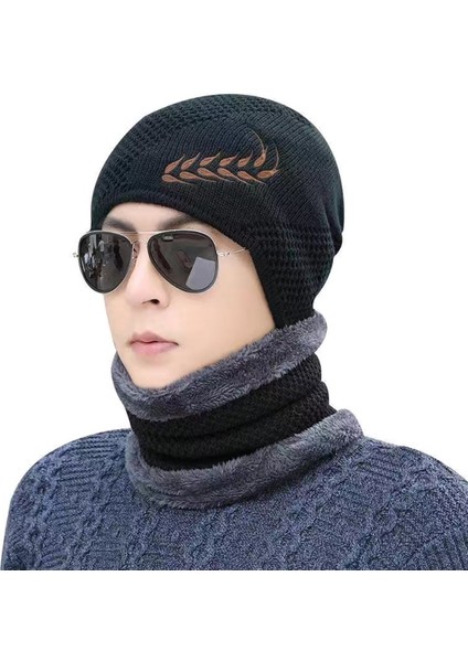 Yün Şapka Erkek Kış Soğuğa Dayanıklı Örme Şapka Artı Kadife Kalınlaşmış Sıcak Pamuklu Şapka Bisiklet Rüzgar Geçirmez Kazak Kadın Siyah Şapka (Sadece Şapka) (Yurt Dışından)