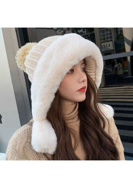 Sonbahar ve Kış Aylarında Kadınlar Için Sıcak ve Soğuğa Dayanıklı Pamuklu Şapka, Büyük Kafa Artı Kadife ile Tavşan Kürkü Örme Şapka, Bej Tek Beden Yün Şapka (Yurt Dışından)