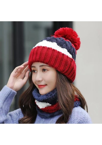 Sonbahar ve Kış Sıcak Kapüşonlu Atkı Kore Tarzı Yün Örme Şapka Kalınlaşmış Artı Soğuk ve Sıcak Kırmızıya Karşı Korumak Için Kadife Pamuklu Şapka (Yurt Dışından)