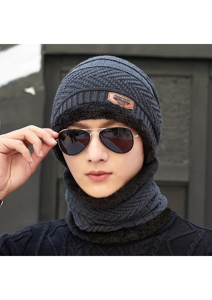 Şapka Erkek Kış Sezonu Kadife Kalınlaşma Moda Gençlik Yün Şapka Sonbahar ve Kış Örme Şapka Seti Baotou Pamuklu Şapka Sıcak ve Kalınlaşmış Klasik Siyah (Şapka + Eşarp) (Yurt Dışından)