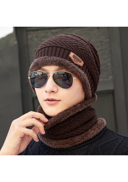 Şapka Erkek Kış Sezonu Kadife Kalınlaşma Moda Gençlik Yün Şapka Sonbahar ve Kış Örme Şapka Seti Baotou Pamuklu Şapka Sıcak ve Kalınlaşmış Klasik Siyah (Şapka + Eşarp) (Yurt Dışından)