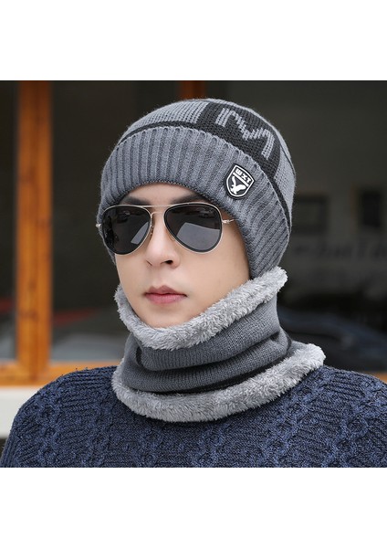 Erkek Şapka Kış Gençlik Sıcak Kalınlaşmış Örme Yün Şapka Kore Tarzı Moda Artı Kadife Kış Pamuklu Şapka Soğuğa Dayanıklı Kazak Gri Tek Şapka (Yurt Dışından)