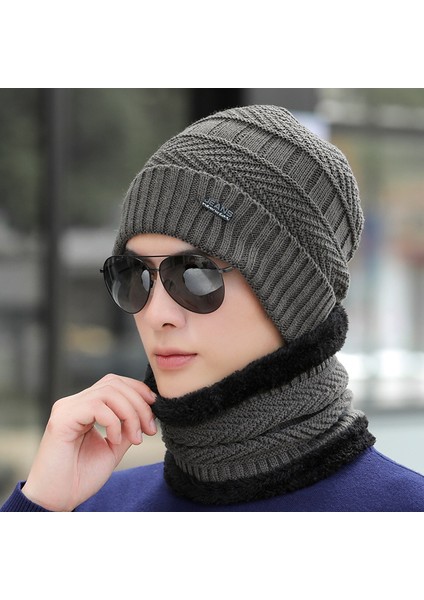 Şapka Erkek Kış Sıcak Örme Yün Şapka Artı Kadife ve Kalınlaştırıcı Trendy Rüzgar Geçirmez Sonbahar ve Kış Erkek Pamuklu Şapkanın Kore Versiyonu Gri Tek Beden Herkese Uyan Elastik T (Yurt Dışından)