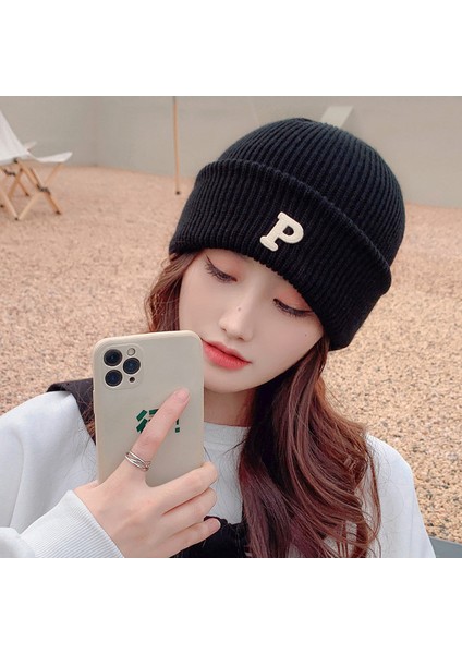 Yün Şapka Erkek Moda Sonbahar ve Kış Örme Şapka Sıcak Burunlu Internet Ünlü Mektubu Işlemeli Soğuk Şapka Hip-Hop Pamuklu Şapka Göl Mavisi 55-59CM [elastik] (Yurt Dışından)