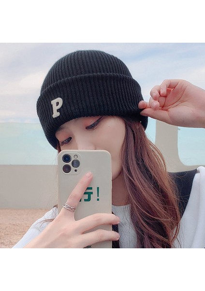 Yün Şapka Erkek Moda Sonbahar ve Kış Örme Şapka Sıcak Burunlu Internet Ünlü Mektubu Işlemeli Soğuk Şapka Hip-Hop Pamuklu Şapka Göl Mavisi 55-59CM [elastik] (Yurt Dışından)