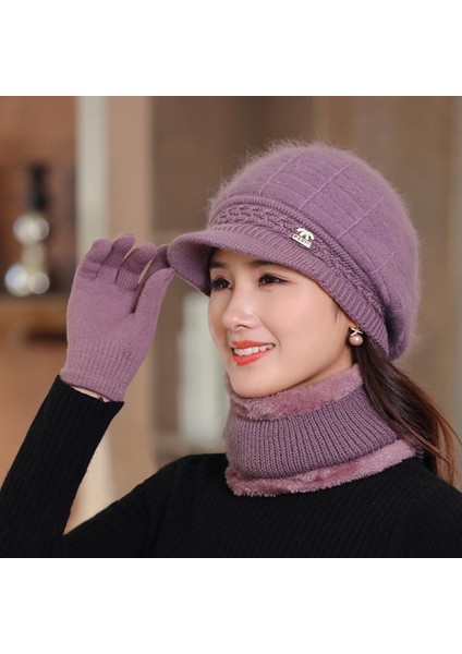 Kış Şapka Kadın Yün Örme Sıcak Şapka Artı Kadife Kalınlaşmış Sonbahar ve Kış Pamuk Şapka Taro Tek Boyut [şapka + Eşarp + Eldiven] (Yurt Dışından)