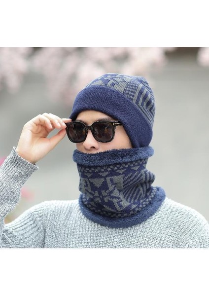 Şapka Erkek Kış Yün Şapkası Kalınlaştırılmış Kore Tarzı Trendy Örme Kazak Şapkası Artı Kadife Sıcak Kış Şapkası Gençlik Pamuklu Şapka Jakarlı Erkek Kazak Şapkası Lacivert (Yurt Dışından)