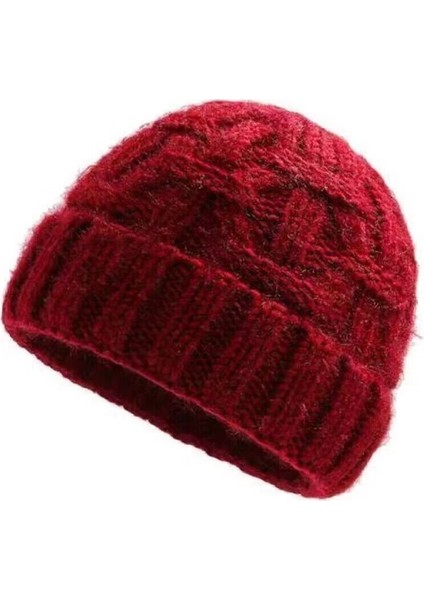 Şapka Kadın Kış Sıcak Şapka Artı Kadife Kalınlaşmış Örme Şapka Pamuk Şapka Bordo Ekose Desen Bir Boyut (55-60 Cm) (Yurt Dışından)