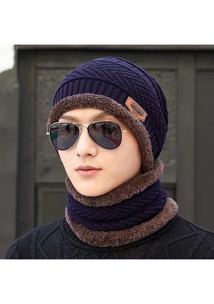 Şapka Erkek Kış Sezonu Kadife Kalınlaşma Moda Gençlik Yün Şapka Sonbahar ve Kış Örme Şapka Seti Baotou Pamuklu Şapka Sıcak ve Kalınlaşmış Klasik Siyah (Şapka + Eşarp) (Yurt Dışından)