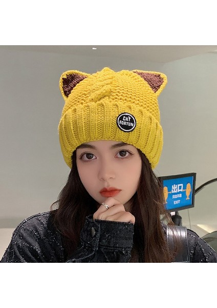 Kadın Yünlü Şapka, Kışlık Örme Şapka Artı Sıcak Tutmak Için Kadife, Kadın Doğum Şapkası, Sonbahar ve Kışlık Kazak Kulak Koruyucu Pamuklu Şapka, Yuvarlak Etiketli Kedi Kulakları; Ze (Yurt Dışından)