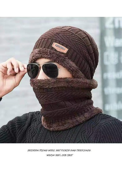 Şapka Erkek Kış Kore Versiyonu Artı Peluş Yün Şapka Kalınlaşmış Örme Şapka Sonbahar ve Kış Seti Baotou Pamuklu Şapka Sıcak Şapka Kadın Kahve Seti (Yurt Dışından)