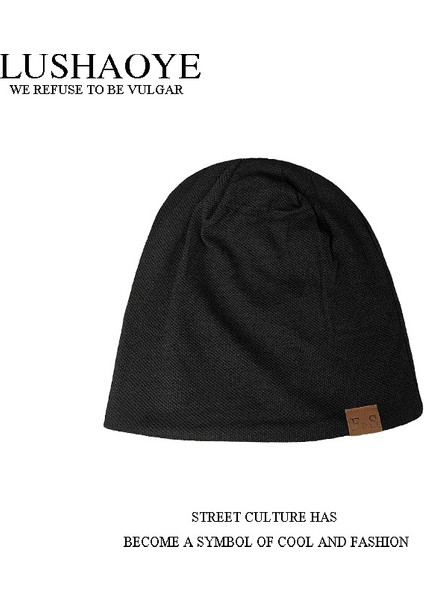 Şapka Erkek Sonbahar ve Kış Kore Versiyonu Çok Yönlü Yama Örme Şapka Moda Hip-Hop Kazak Pamuklu Şapka C2601 Deri Etiket Fs Tüylü Şapka Siyah M (56-58CM) (Yurt Dışından)