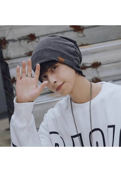 Şapka Erkek Sonbahar ve Kış Kore Versiyonu Çok Yönlü Yama Örme Şapka Moda Hip-Hop Kazak Pamuklu Şapka C2601 Deri Etiket Fs Tüylü Şapka Siyah M (56-58CM) (Yurt Dışından)