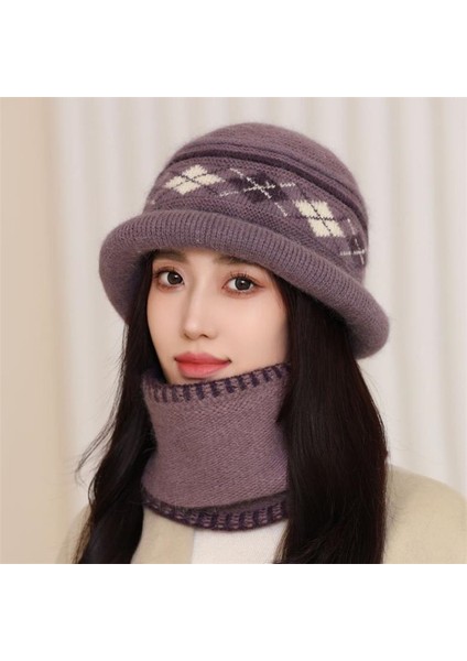 Sonbahar ve Kış Aylarında Kadınlar Için Şapkalar Artı Kadife Kalın Sıcak Şapka Tavşan Yünü Örme Soğuğa Dayanıklı Pamuklu Şapka Taro Renkli Şapka + Eşarp [iki Parçalı Set] (Yurt Dışından)