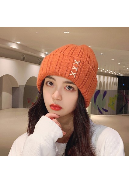 Yün Şapka Kadın Kış Örme Şapka Artı Kadife Sıcak Kadın Hapis Şapkası Sonbahar ve Kış Kazak Kulak Koruyucu Pamuk Şapka 168 Turuncu Tek Boyut (Yurt Dışından)
