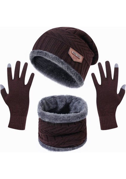 Erkekler ve Kadınlar Sonbahar ve Kış Şapka Sıcak Eşarp Dokunmatik Ekran Eldiveni Seti Sıcak Boyun Kalın Örme Şapka Seti Kahverengi Şapka + Eşarp + Dokunmatik Ekran Eldiveni Bir Boy (Yurt Dışından)