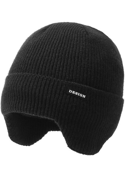 Şapka Yeni Sonbahar ve Kış Yünlü Şapka Artı Kadife Kalınlaşmış Örme Şapka Kore Tarzı Kulak Koruyucu Kazak Şapka Soğuğa Dayanıklı ve Sıcak Pamuklu Şapka Siyah (Yurt Dışından)