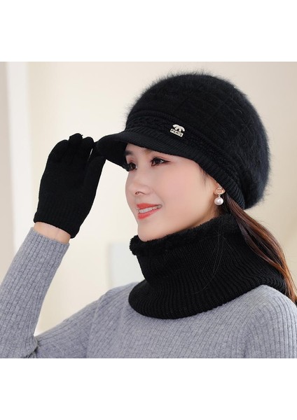 Kış Şapka Kadın Yün Örme Sıcak Şapka Artı Kadife Kalınlaşmış Sonbahar ve Kış Pamuk Şapka Siyah Tek Boyut [şapka + Eşarp] (Yurt Dışından)