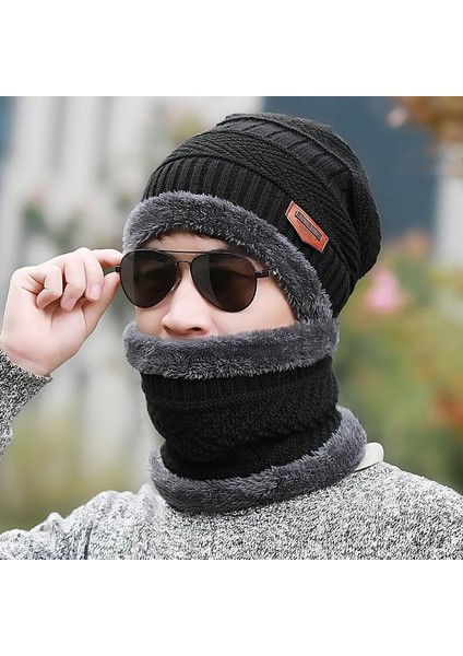 Şapka Erkek Kış Kadife Kalınlaşmış Örme Şapka Sonbahar ve Kış Baotou Pamuklu Şapka Sıcak ve Modaya Uygun Kore Versiyonu Siyah (Yurt Dışından)