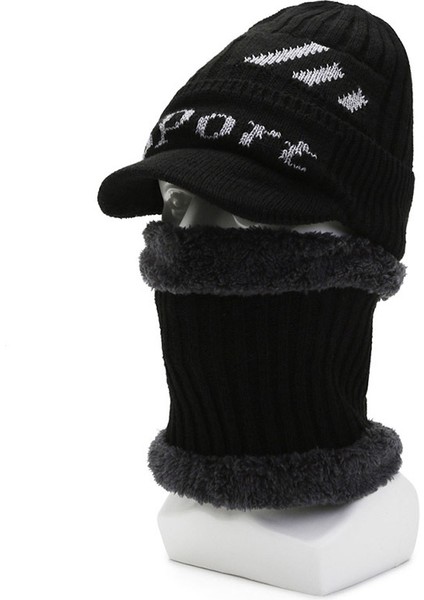 Örme Şapka Yün Şapka Atkı Iki Parçalı Set Erkekler Için Sonbahar ve Kış Artı Kadife Kalınlaşmış Sıcak Pamuklu Şapka Kadın Siyah Tek Boyut (Yurt Dışından) indirimleri