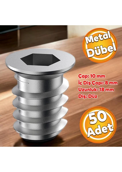 Metal Düz Dişli Dübel Ahşap Dübeli M8 10X18 Diş Çinko Mobilya Bağlantı Ünite Birleştirme (50 Adet)