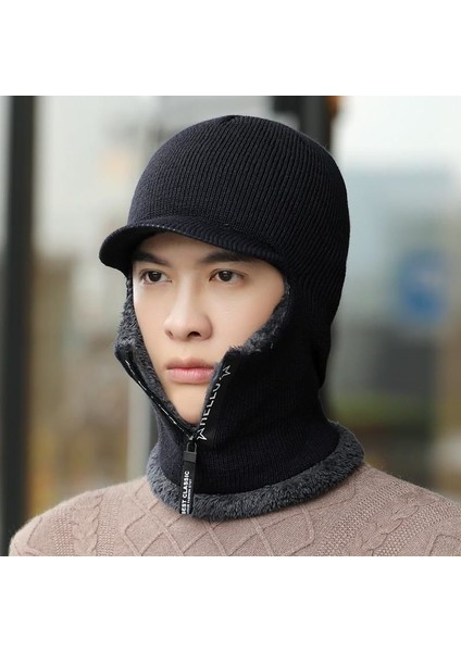 Şapka Erkek Kış Kadife Sıcak Yün Şapka Rüzgar Geçirmez Örme Kazak Şapka Erkek Kulak Koruyucu Boyun Atkı Tek Parça Şapka Pamuklu Şapka Fermuarı - Siyah 52-60 Baş Çevresi Için Uygund (Yurt Dışından)