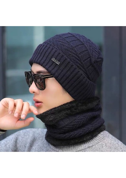 Erkekler Için Kışlık Şapka, Kalınlaştırılmış Kadife, Sıcak, Rüzgar Geçirmez ve Soğuğa Dayanıklı Pamuklu Şapka, Yeni Moda Çok Yönlü Yün Örme Şapka [metal Etiket] Lacivert Şapka + Eş (Yurt Dışından)