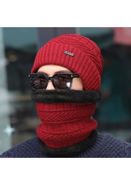 Erkekler Için Kışlık Şapka, Kalınlaştırılmış Kadife, Sıcak, Rüzgar Geçirmez ve Soğuğa Dayanıklı Pamuklu Şapka, Yeni Moda Çok Yönlü Yün Örme Şapka [metal Etiket] Lacivert Şapka + Eş (Yurt Dışından)