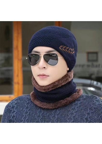 Yün Şapka Erkek Kış Soğuğa Dayanıklı Örme Şapka Artı Kadife Kalınlaşmış Sıcak Pamuklu Şapka Bisiklet Rüzgar Geçirmez Kazak Kadın Lacivert Şapka (Sadece Şapka) (Yurt Dışından)