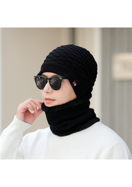 Şapka Erkek Kış Sıcak Örme Artı Peluş Yün Şapka Kore Tarzı Moda Anti-Soğuk Şapka Sonbahar ve Kış Erkek Pamuklu Şapka Siyah Şapka + Eşarp (Yurt Dışından)